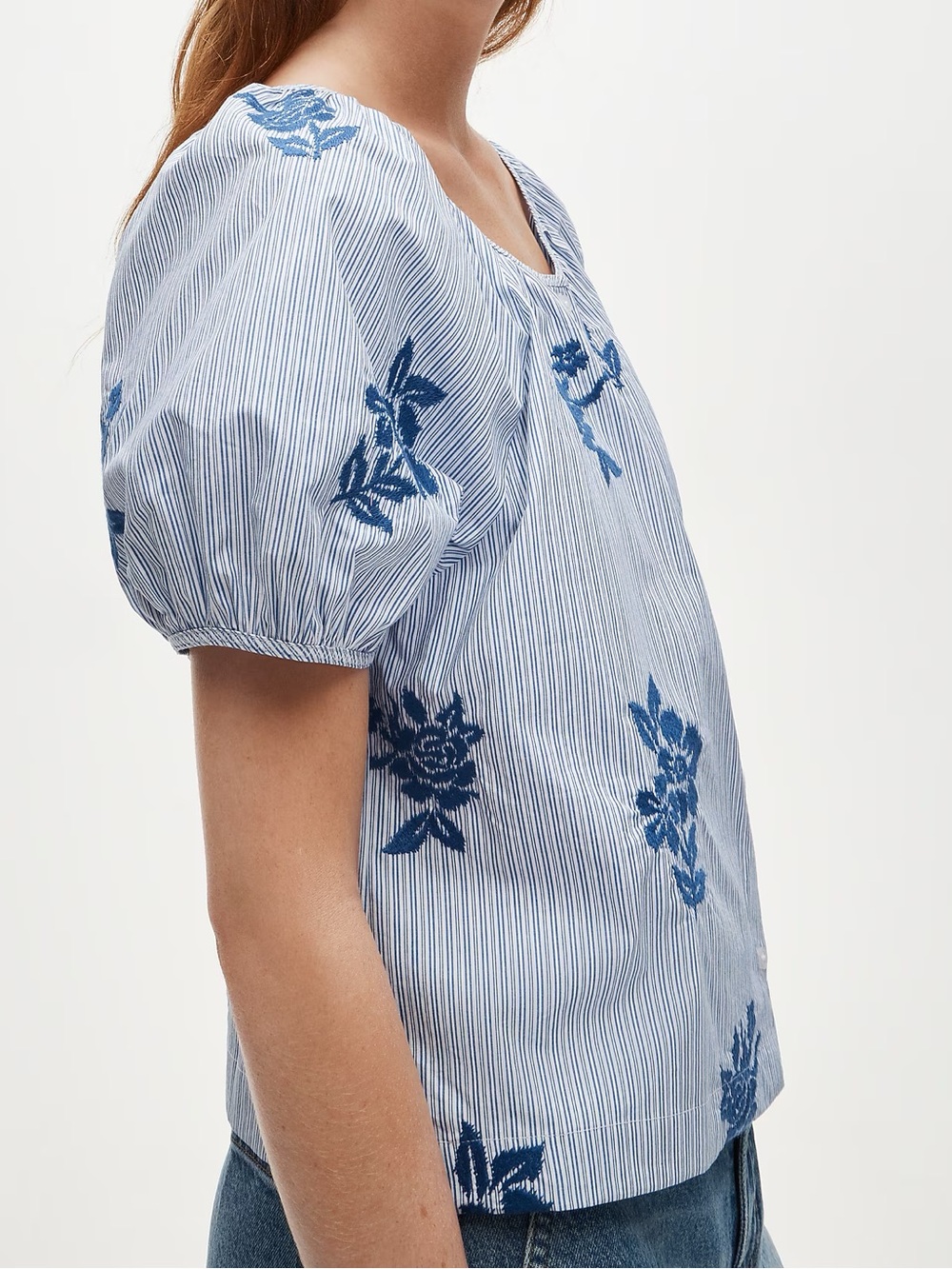 JCrew striped blue shirt SMALL JCrew Puff-sleeve Button down floral embroidery